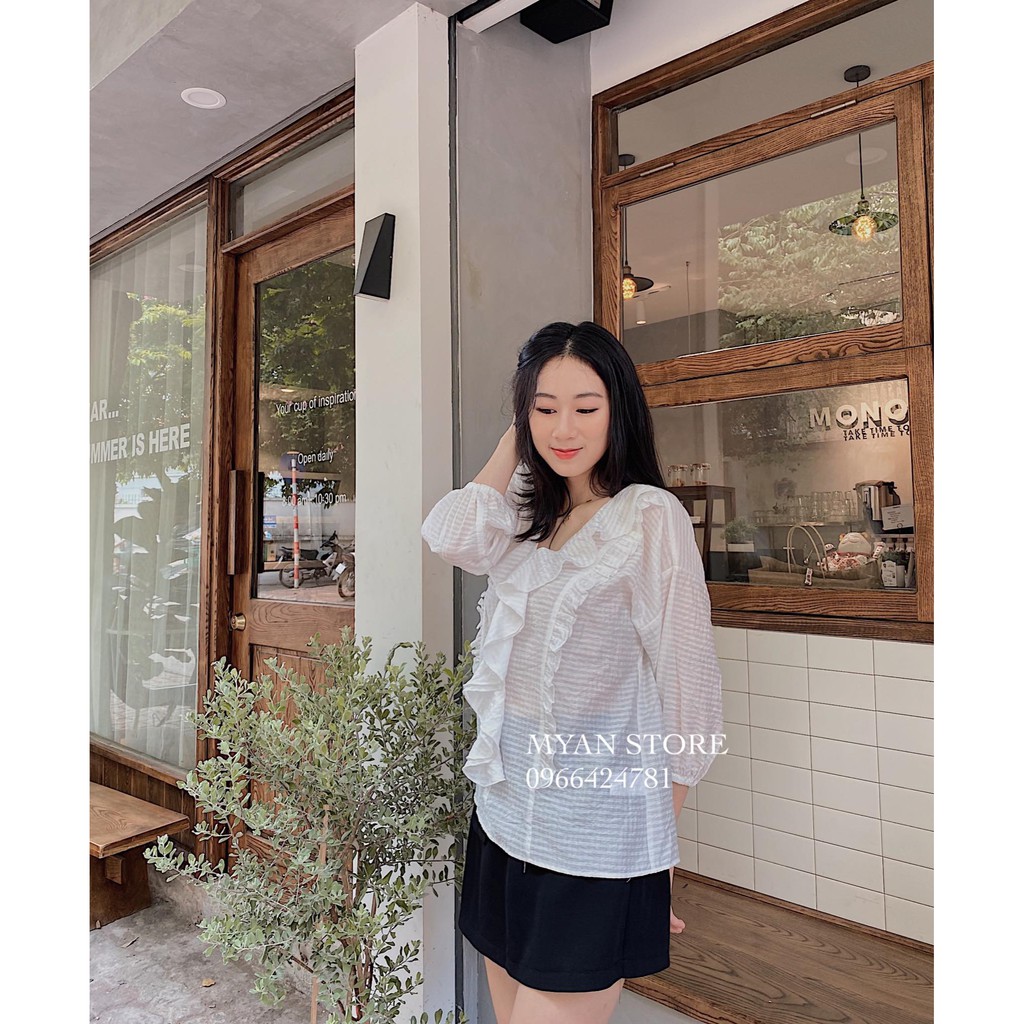Áo cổ tim bèo rủ dọc thân chun tay - Avn92004