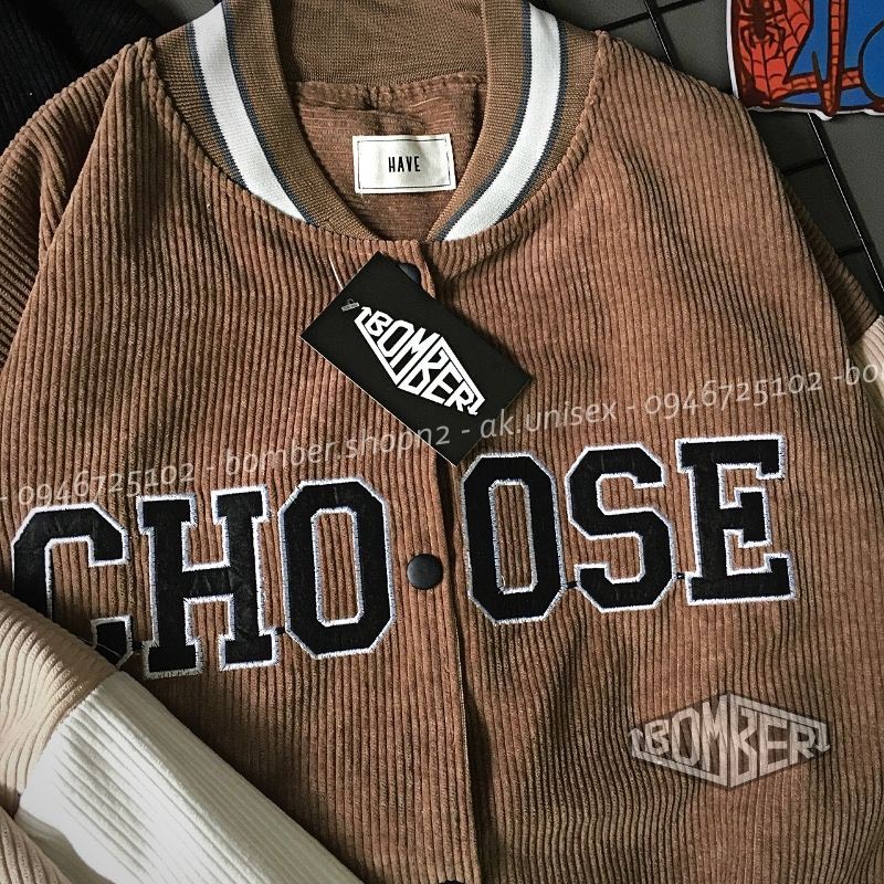 Áo Bomber Thêu chữ CHOOSE chất liệu nhung tăm cực dễ phối đồ, Áo Khoác Unisex Nam Nữ 2 LỚP (SỈ RẺ IB)