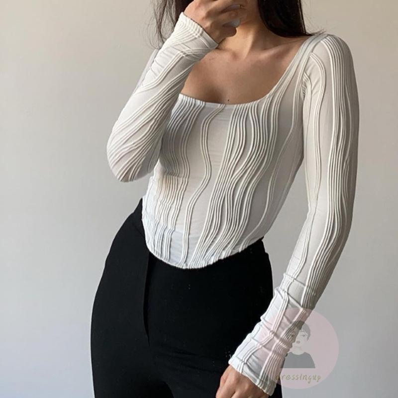 Áo Kiểu Tay Dài Cổ Chữ U Màu Sắc Trơn Thiết Kế Không Đồng Đều 3D Thời Trang Cho Nữ