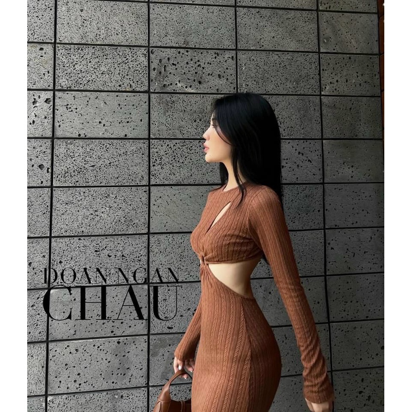 đầm gân tay dài khoét 3 khoen ngực cá tính chất thun gân