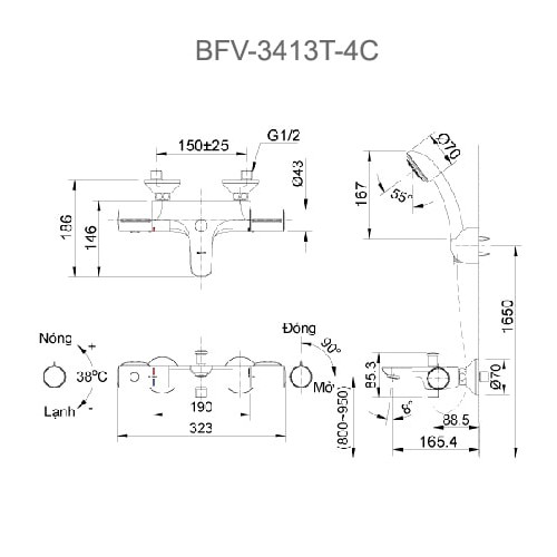 Vòi Sen Tắm Nhiệt Độ INAX BFV-3413T-4C Nóng Lạnh