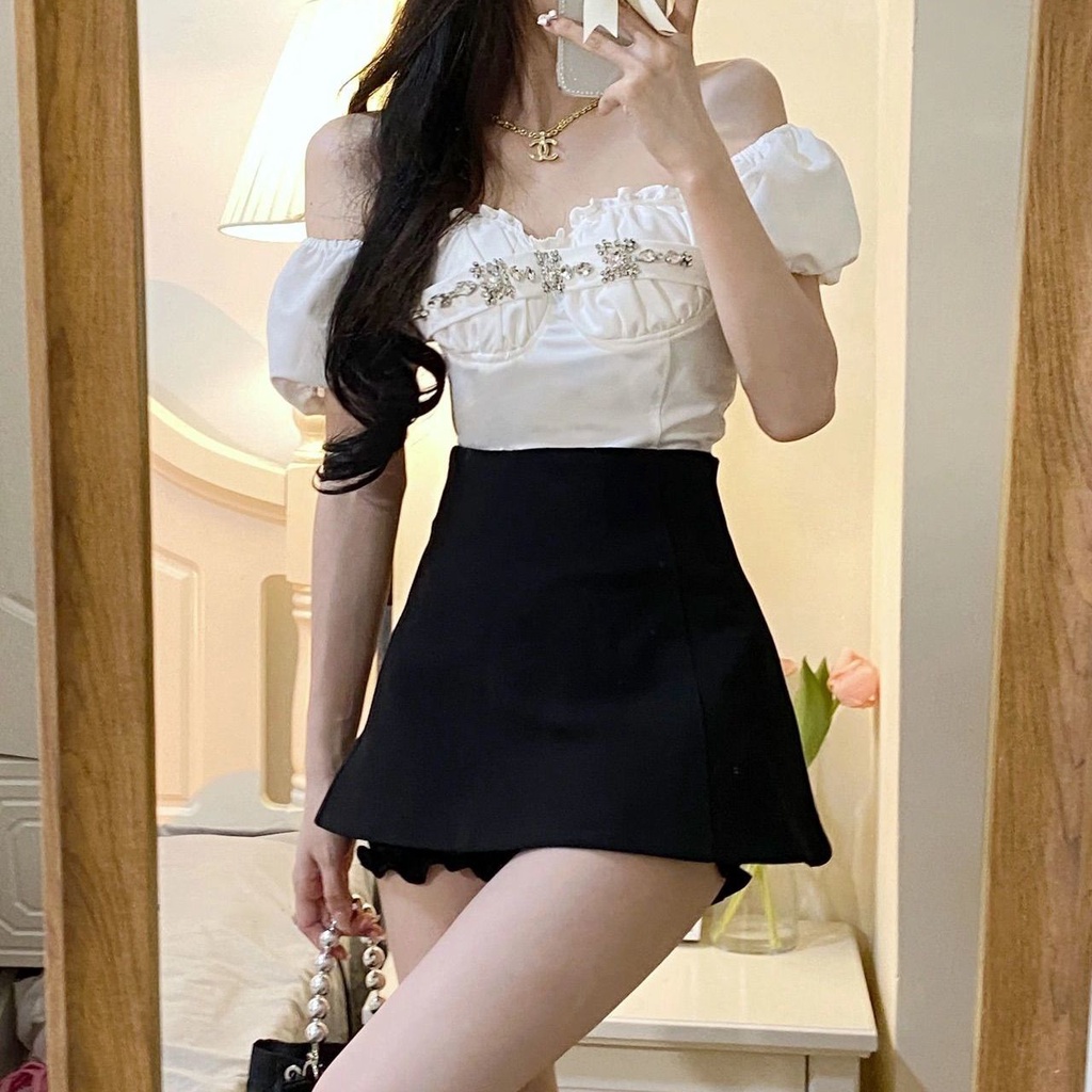 Set Áo Trễ Vai Tay Phồng + Chân Váy Lưng Cao Thời Trang Hè 2023 Cho Nữ