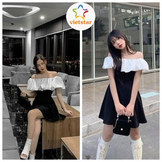 Đầm trễ vai tiểu thư bèo phối trắng đen chất đũi mặc đi biển mùa hè hot - VIETSTAR