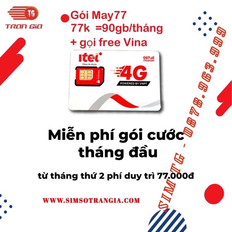 [Miễn phí tháng đầu] Sim 4G ITEL - Vina gói MAY77 - 90Gb/Tháng - Gọi Miễn Phí Vinaphone - Giá Siêu Rẻ