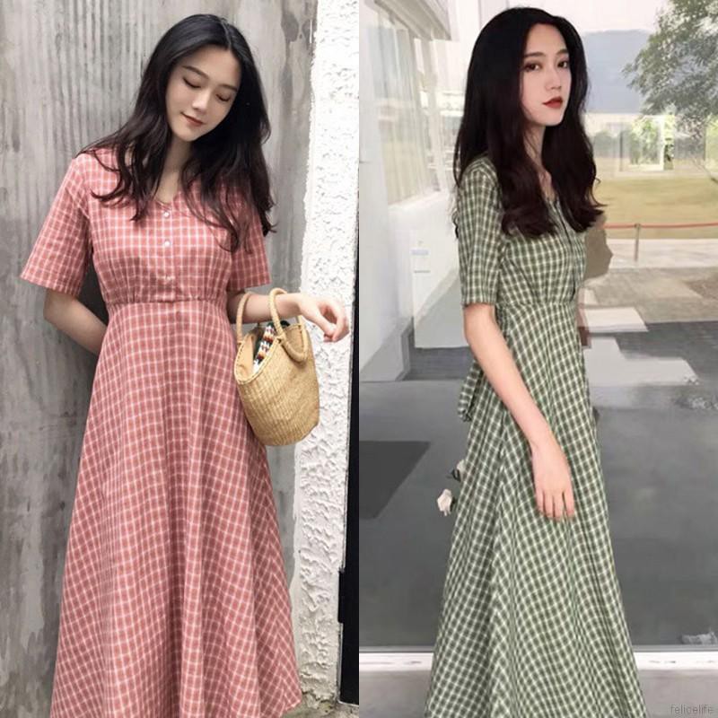 Đầm Nữ Cổ Tròn Họa Tiết Caro Thời Trang