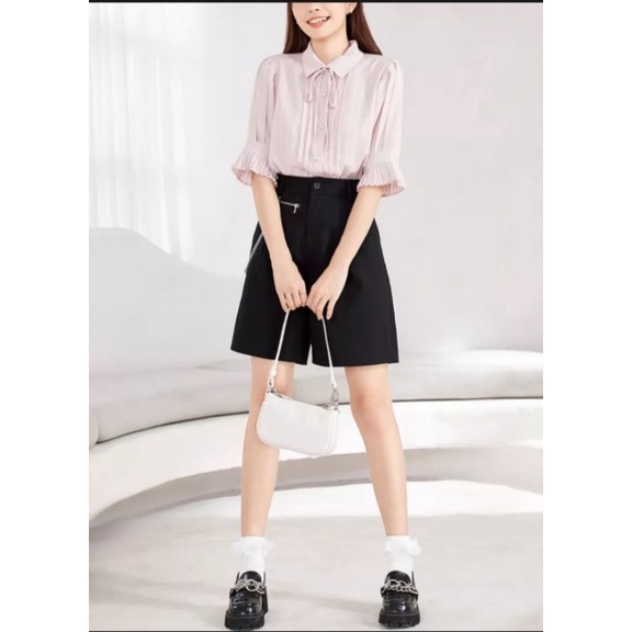 Áo Sơ mi Tay xếp li Cổ bẻ Dây buộc nơ Hàng Hiệu