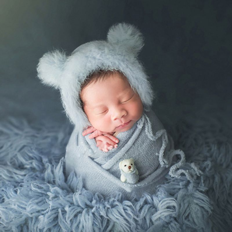Mary☆2 Pcs Newborn Photography Props Cute Rabbit Fur Knit Hat Costume Bear Toy Set