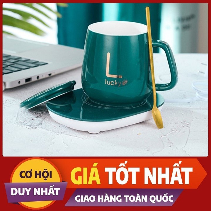 Bộ Cốc Ly Sứ Hâm Nóng Lucky Thông Minh Cao Cấp, Kèm Đế Điện Hâm Cafe, Sữa, Hâm Trà, Tổ Yến Trà Tặng Kèm Hộp và Thìa