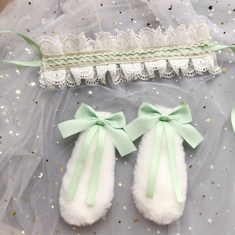 Băng Đô Tai Thỏ Bằng Lông Nhung Phối Bèo Nhún Có Thể Tháo Rời Hóa Trang