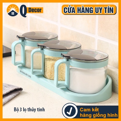 Bộ đựng gia vị 3 hũ thủy tinh, lọ gia vị cao cấp _Qdecor