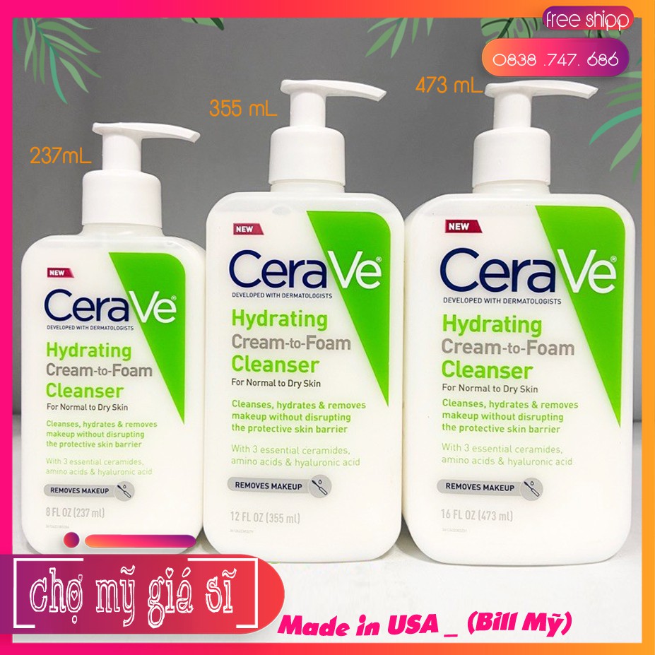 {Bản Mỹ} Sữa Rửa Mặt Tẩy Trang Cerave Hydrating Cream to Foam Cleanser 355ML