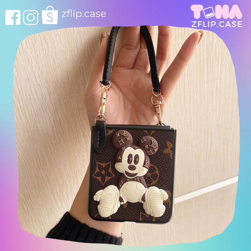 Ốp da Samsung Z Flip 3 / ZFlip3 / Z Flip3 / Z Flip 4 / ZFlip4 / Z Flip4 hoạ tiết monogram và mickey có đai da và dây xác