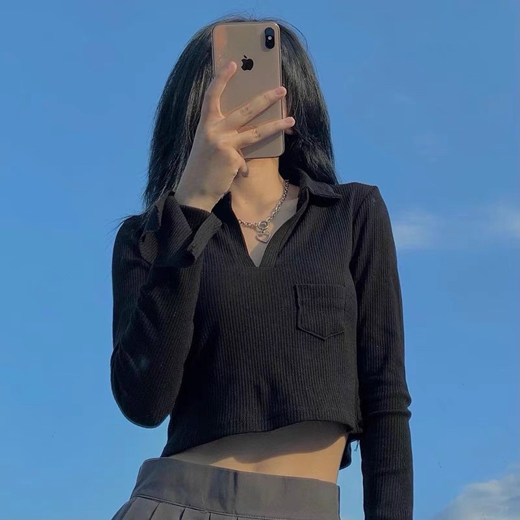 Áo Polo cổ xẻ Tay Thun VIETCEN Áo Croptop Tay Dài Bo Tăm Ulzzang