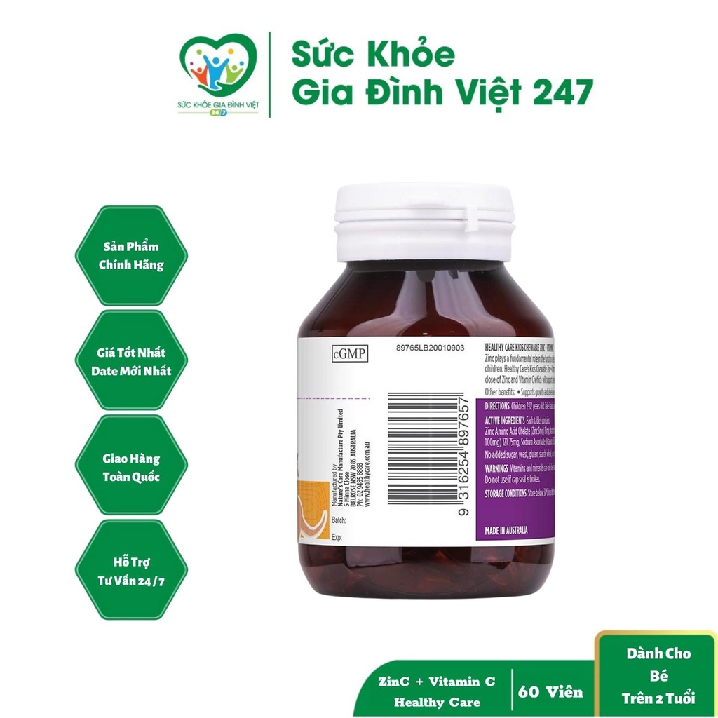 Viên Nhai Kẽm Zinc + Vitamin C Healthy Care - Bổ Sung Kẽm Tăng Đề Kháng Phát Triển Toàn Diện (60 viên vị dâu)