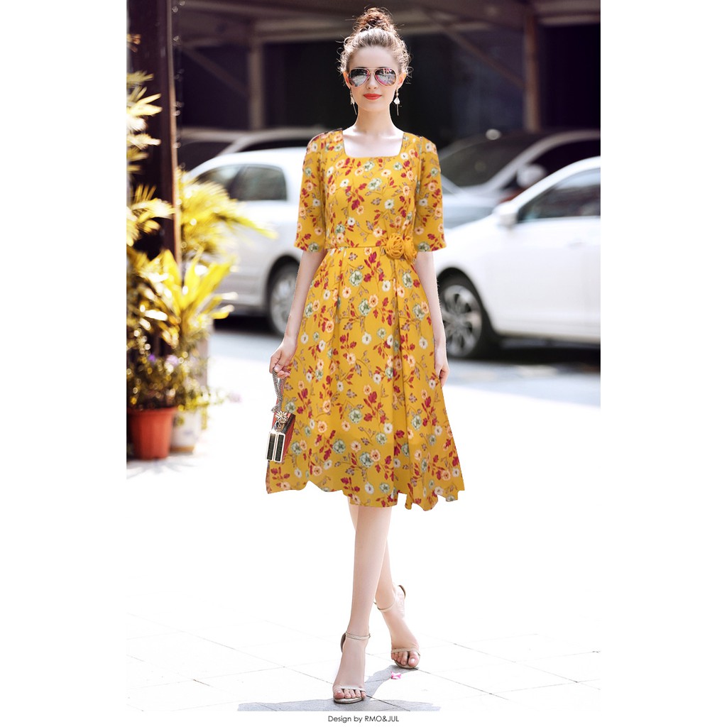 Đầm xòe hoa Vintage gắn hoa hồng - MS0574D