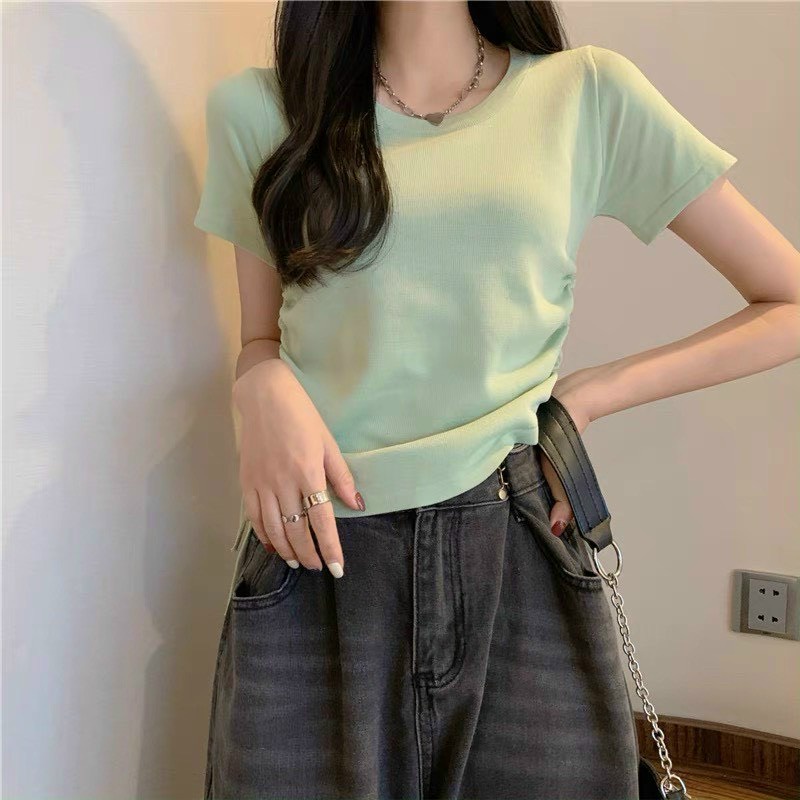 Áo thun gân nữ cổ tròn tay Ngắn rút dây 2 bên ôm body croptop đơn giản, dễ thương MC120