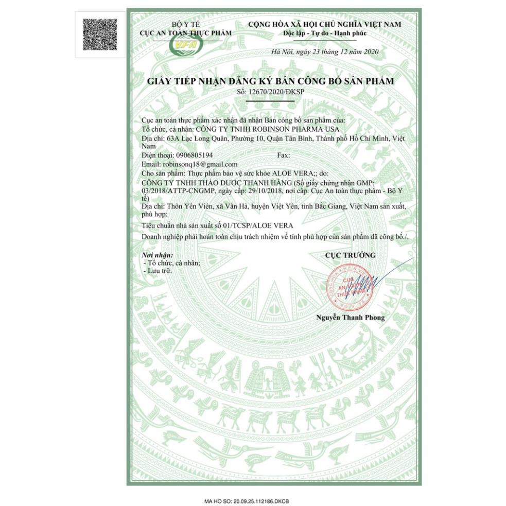 Viên Uống Aloe Vera Giúp Dưỡng Ẩm,Chống Lão Hóa,Sáng Da Ngăn Ngừa Mụn.Chai 100 Viên