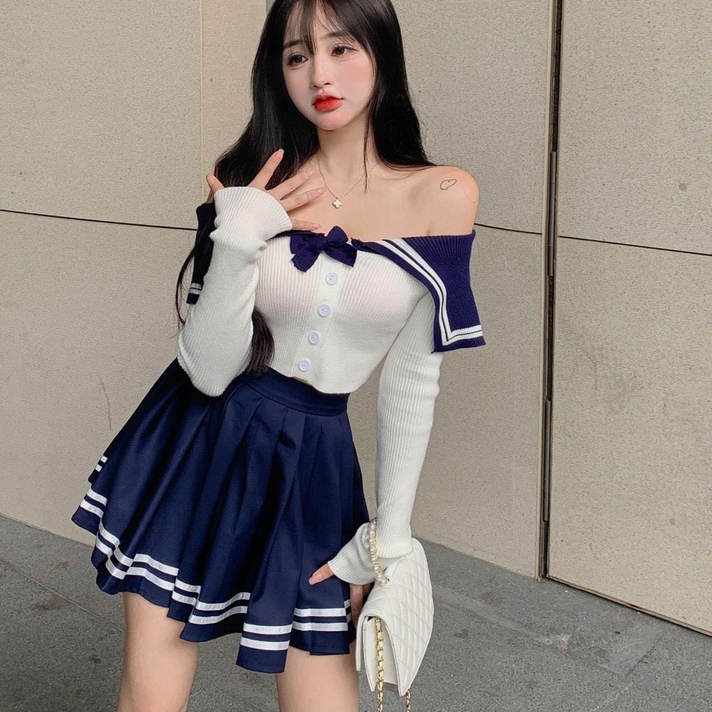 Set áo croptop trễ vai tay dài trắng giống học sinh ôm body hở vai thủy thủ quai xanh đen nơ eo+váy tennis xếp ly ngắn