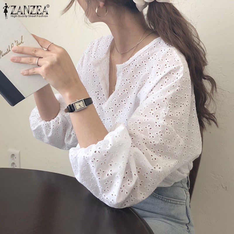 Áo Kiểu ZANZEA Cổ Tròn Dài Tay Thêu Họa Tiết Rỗng Cho Nữ