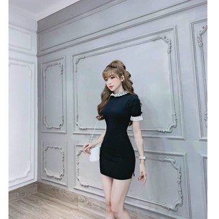 Đầm Nữ Ôm Body Tay Ngắn Cổ Tròn Phối Ren Màu Đen Phong Cách Thời Trang Dạo Phố Thời Trang - Winchois