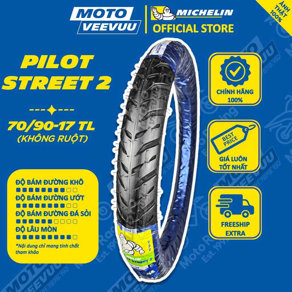 Vỏ lốp xe máy MICHELIN 70/90-17 TL Pilot Street 2 (Lốp không ruột)