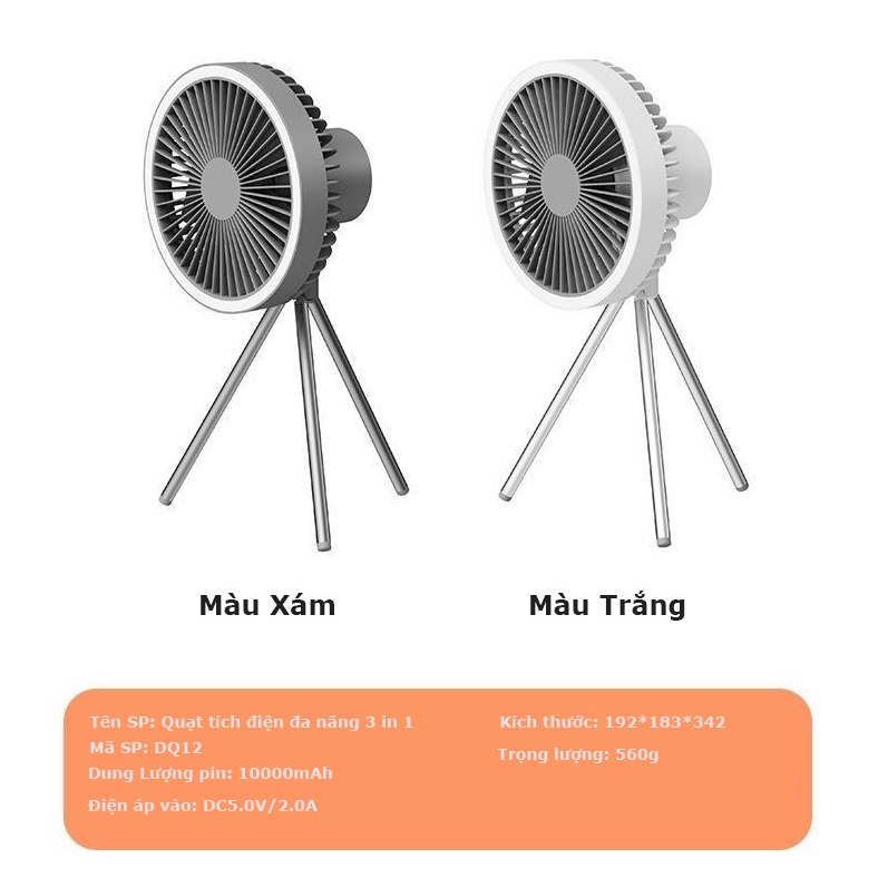 Quạt tích điện đa năng 3 in 1 có đèn led và sạc dự phòng pin 10000mAh