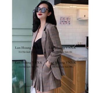 Sét áo blazer kẻ kèm chân váy xếp ly chất vải cao cấp