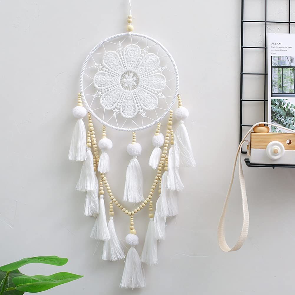 Dreamcatcher màu trắng đính hạt gỗ phối tua rua hình hoa phong cách boho trang trí phòng ngủ / làm quà tặng dễ thương