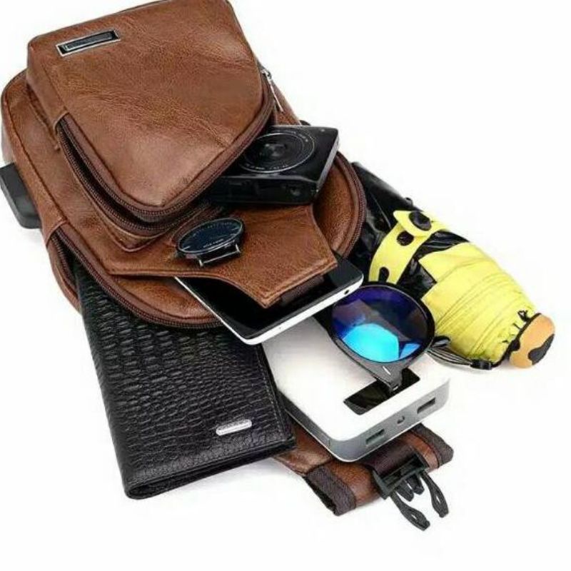 Túi đeo chéo nam đựng Ipad da PU chống nước kết hợp tai nghe cổng sạc USB ST7522