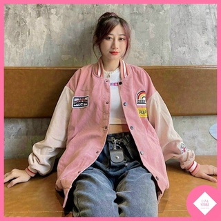 Áo Khoác Bomber Nhung gân form rộng phối màu siêu cute