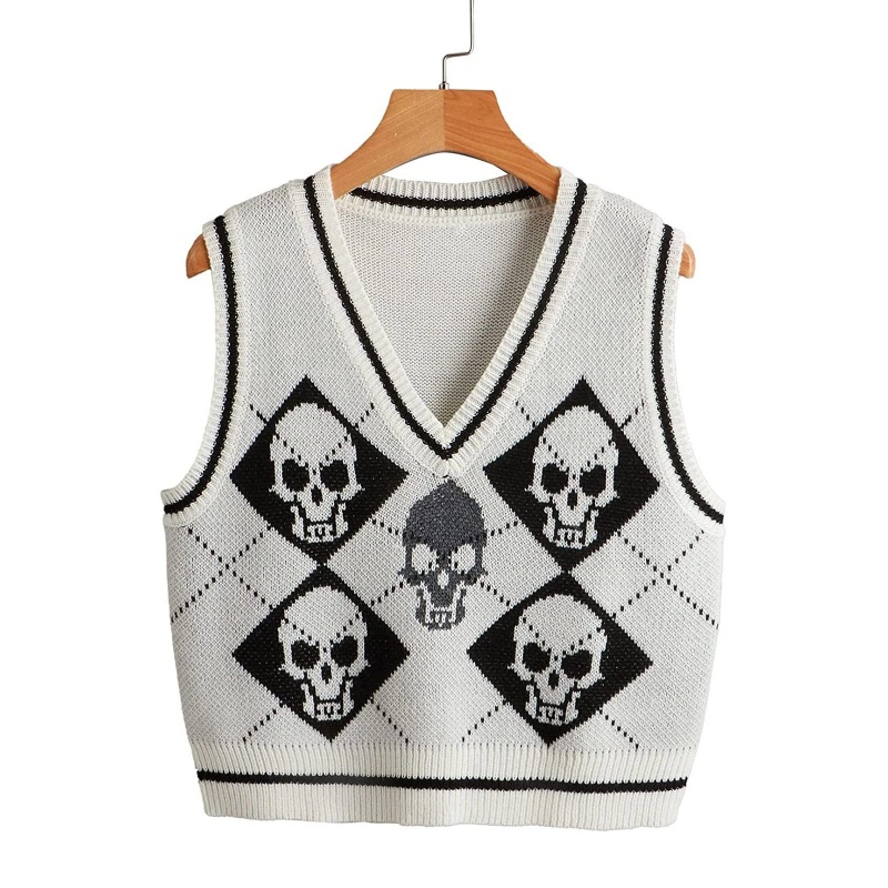 Brroa Áo Len Không Tay Dệt Kim In Hình Đầu Lâu Kim Cương Kẻ Sọc Phong Cách Gothic Punk Harajuku Cho Nữ V-Nec