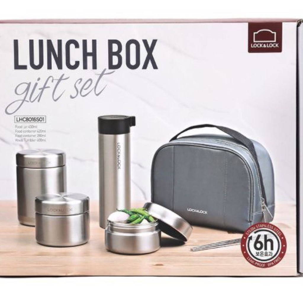 Bộ hộp cơm giữ nhiệt và bình giữ nhiệt Lock&amp;Lock bằng thép không gỉ LHC8016S01