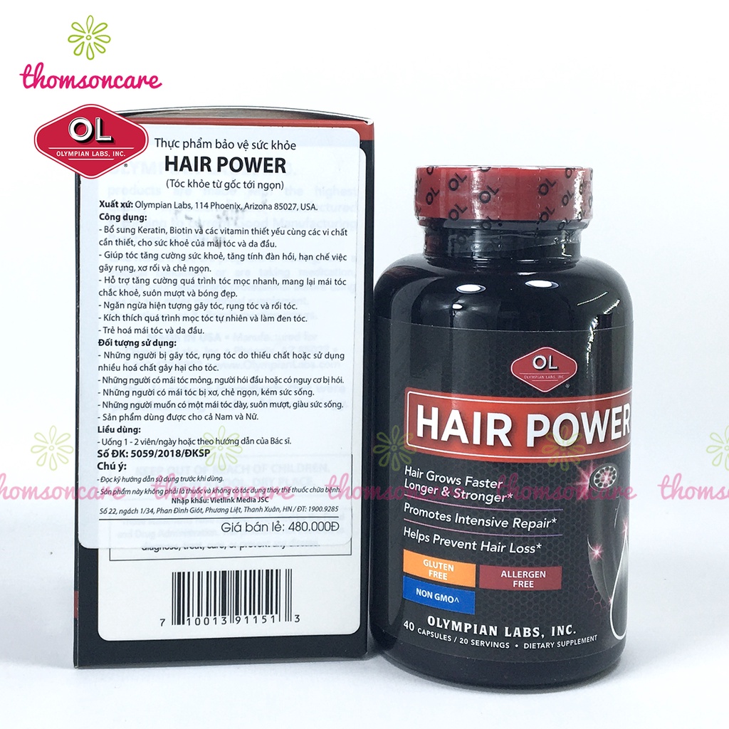 Giảm rụng tóc Hair Power Hộp 40 viên nhập khẩu từ Olympian Labs Mỹ, nhanh mọc tóc cho cả nam và nữ có Biotin Lcystine