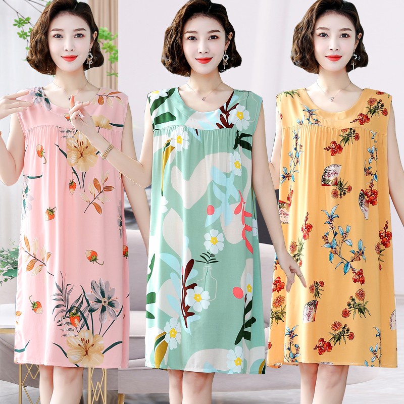 Đầm Ngủ Cotton Lụa Giả Sát Nách Thời Trang Mùa Hè Cho Phụ Nữ Trung Niên