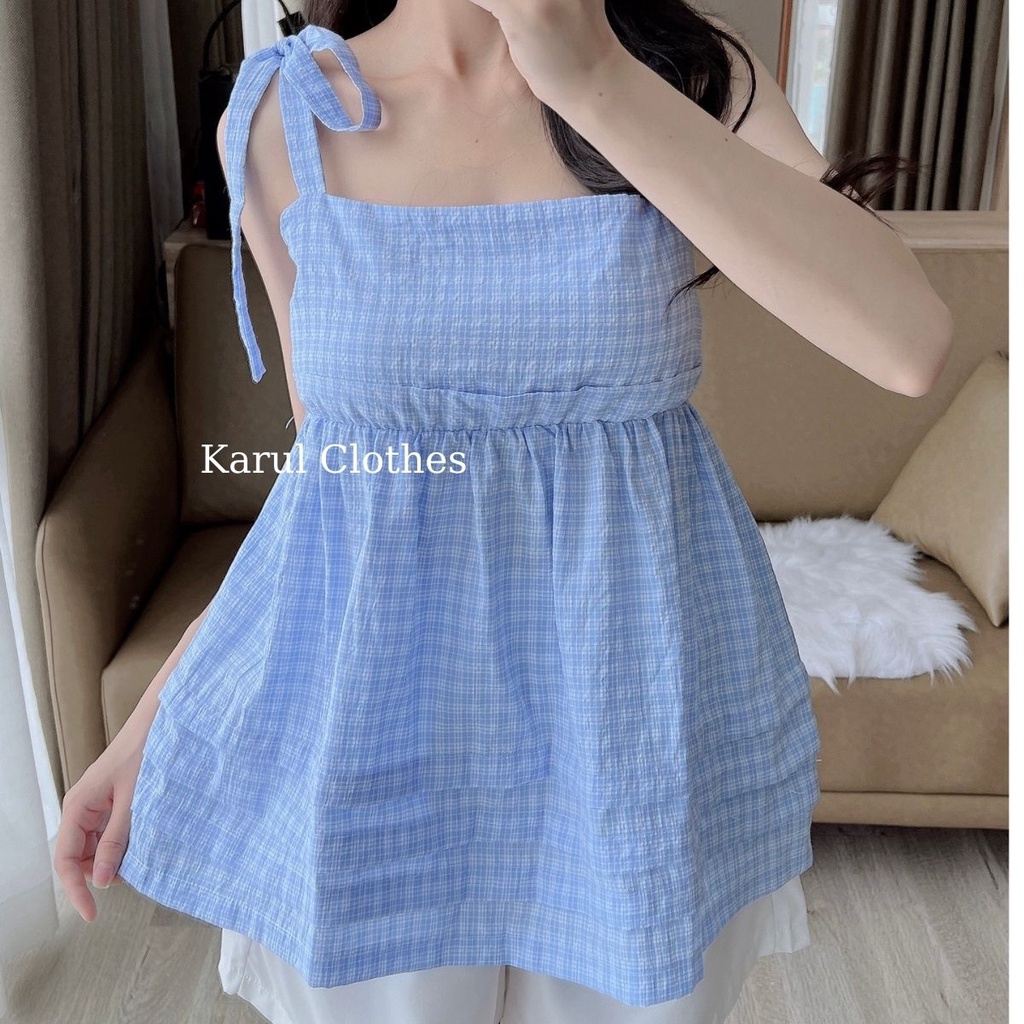 Set áo hai dây buộc nơ xốp trơn 4 màu cùng quần short trắng ngây thơ