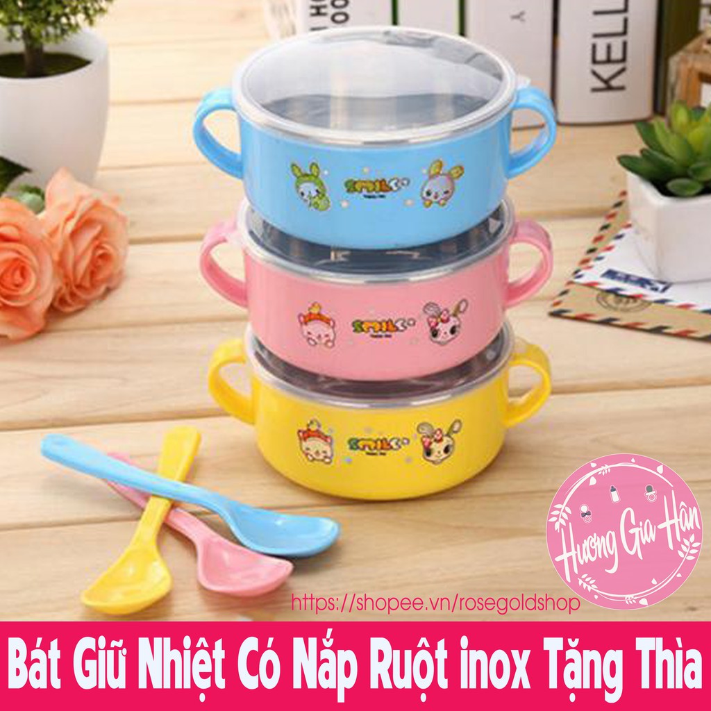 Bát giữ nhiệt 2 lớp ruột inox kèm thìa và nắp đậy cho bé