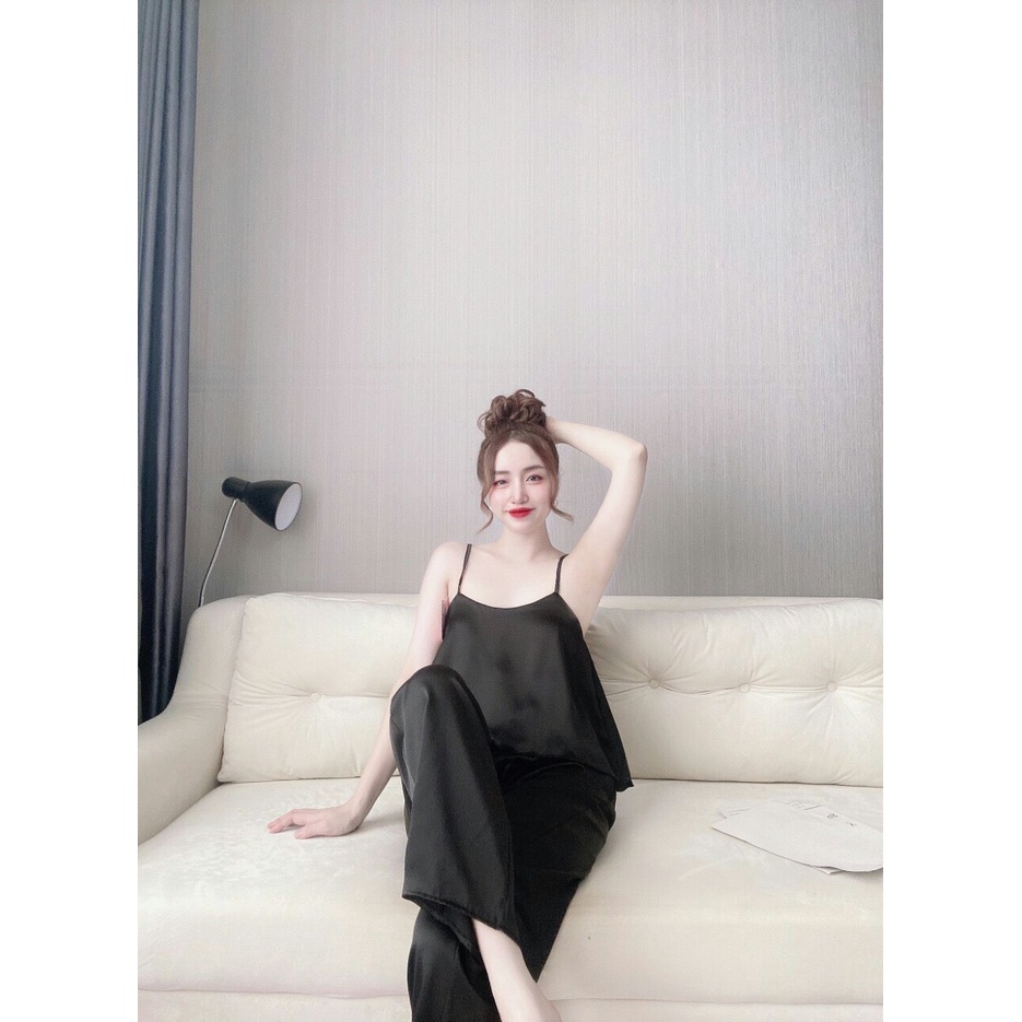 [Mã FAMARAL2 giảm 10K đơn 50K]  Đồ ngủ lụa 2 dây tà chéo quần dài lụa satin sang chảnh cao cấp
