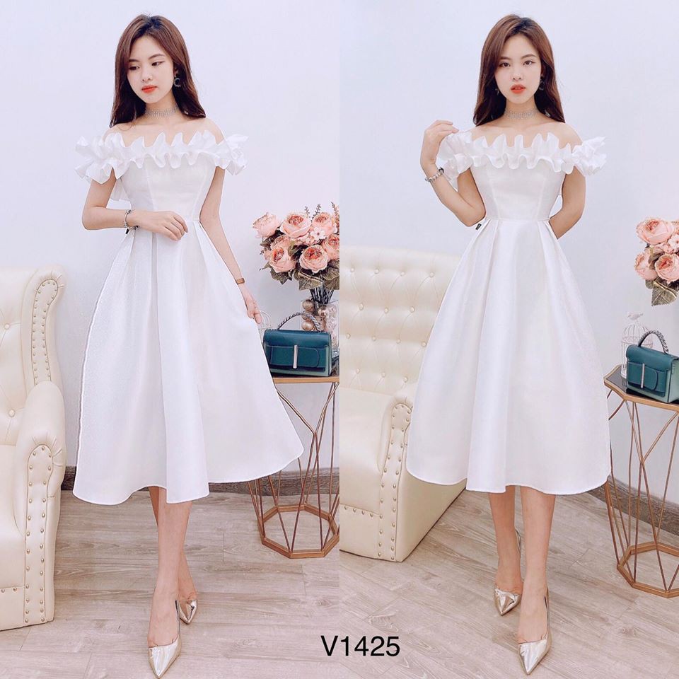 Váy trắng trễ vai V1425 ĐẸP HP DVC ( Ảnh mẫu và ảnh trải sàn do shop tự chụp )