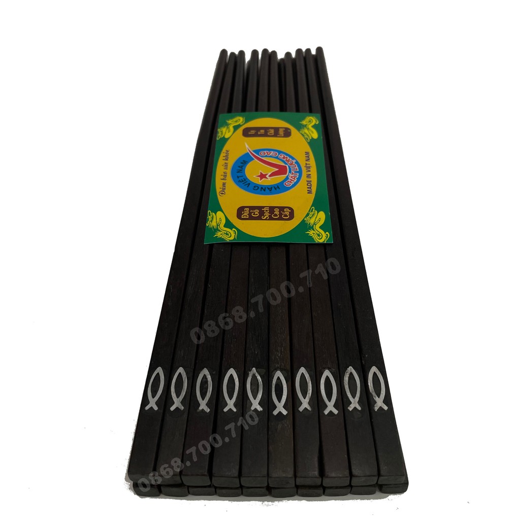 Đũa gỗ Mun đầu vuông gắn họa tiết cá rỗng - bộ 10 đôi