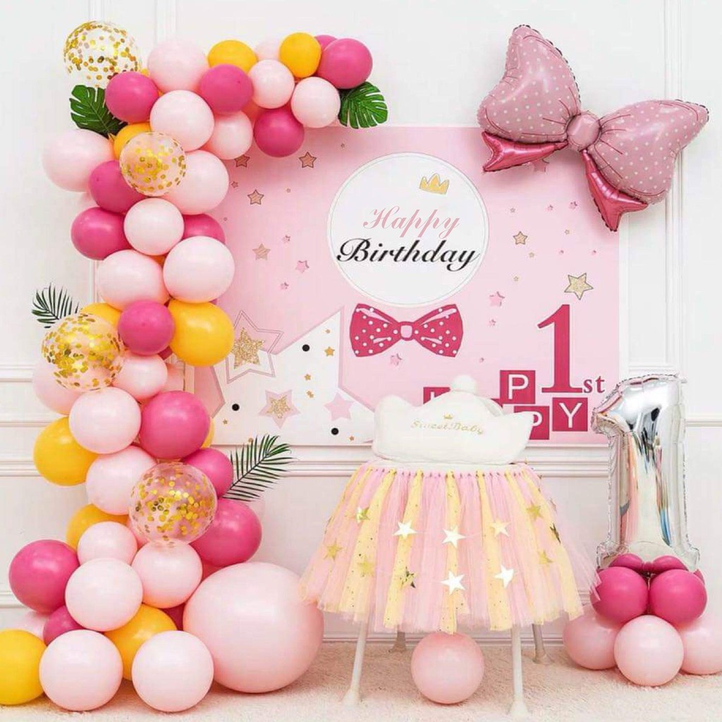 (Có Backdrop) Set Trang Trí Sinh Nhật, Trang Trí Thôi Nôi Cho Bé Mẫu Nơ Hồng Mới ABSHOP COM VN