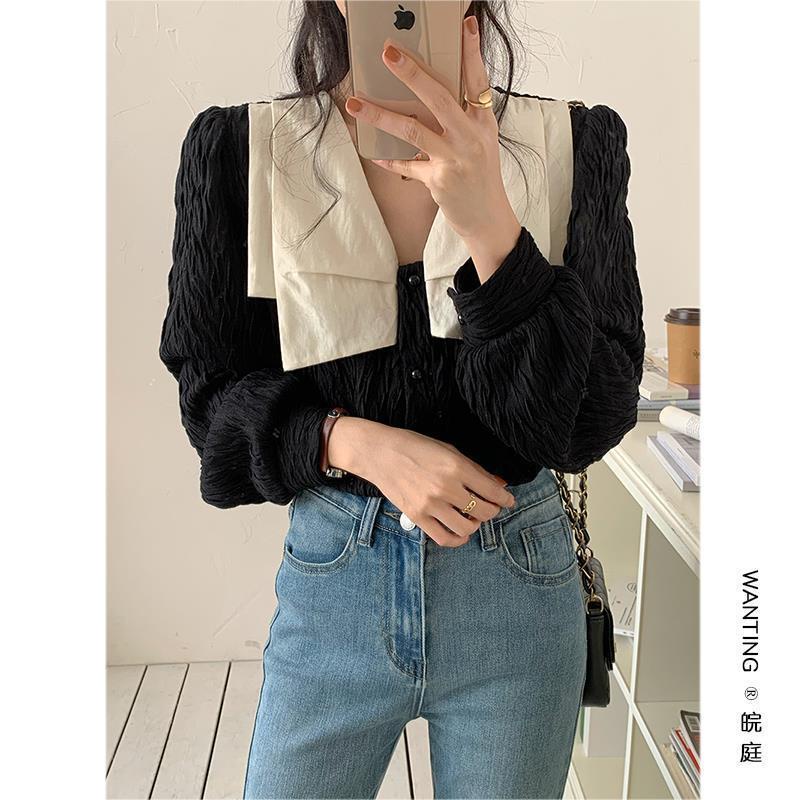 Áo Sơ Mi Cổ V Tay Dài Màu Đen Thời Trang Mùa Xuân Cho Nữ