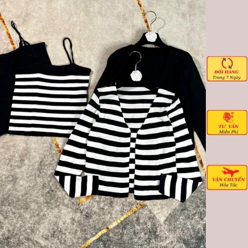 Set áo khoác cardigan len nữ kèm áo 2 dây sọc kẻ ngang đen trắng cá tính ulzzang Hàn Quốc thu đông