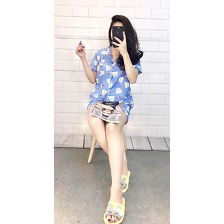 Bộ Pijama thô lụa dáng đùi in gấu