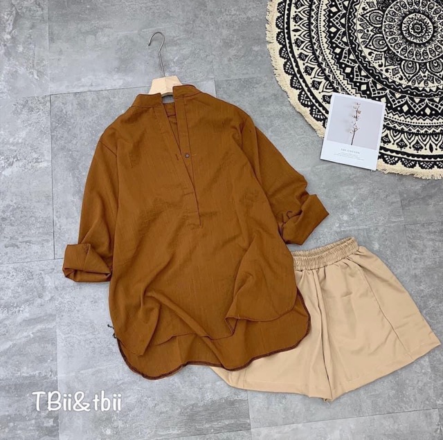 SÉT ÁO SƠ MI CỔ TÀU KÈM QUẦN SOOC 3MÀU TRẮNG,NÂU VÀ XANH CHO CÁC TY NHA