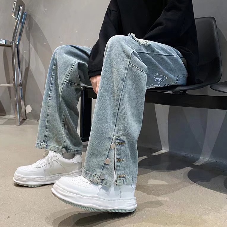 Quần jeans Dài Lưng Cao Ống Rộng Rách Gối Thời Trang Hàn Quốc Cho Nam Nữ Thư thêu quần jean unisex Quần jean thẳng chất lượng