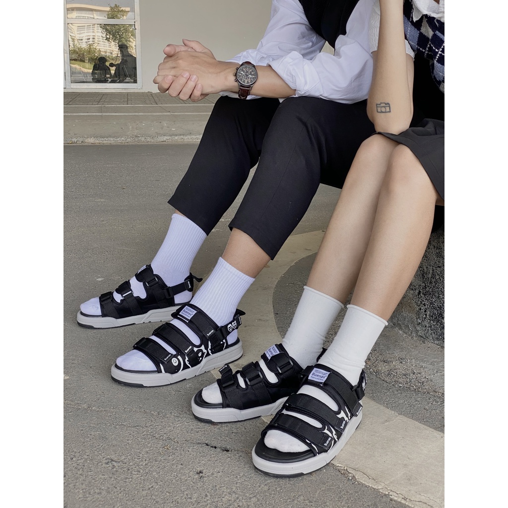 Sandal dép nam nữ Buenas SD-6868 - đen ghi in hoạ tiết - giày xăng-đan học sinh đế cao 3 phân chính hãng