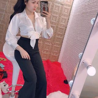 Áo crop top đắp chéo kiểu sơ mi thắt nơ lưng