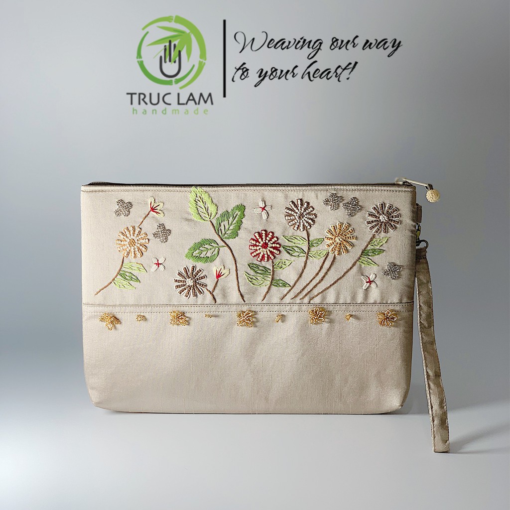Ví Cầm Tay Đựng Ipad Clutch Vải Tafta Thêu Cành Hoa Hạt Cườm Thủ Công Cỡ To - Trúc Lâm Handmade