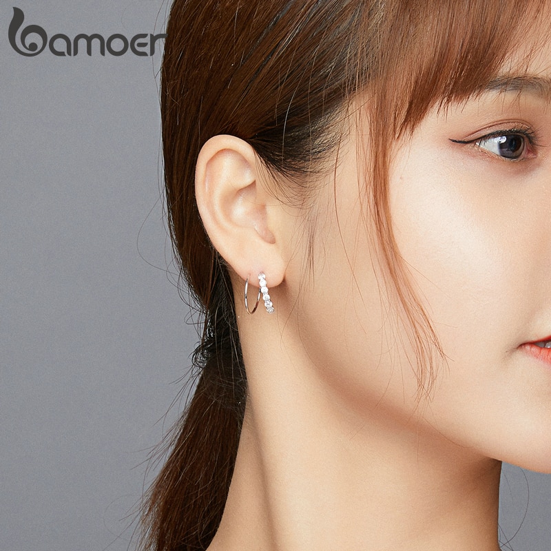 Khuyên tai Bamoer Bạc bạch kim 925 thiết kế đơn giản thời trang cho nữ