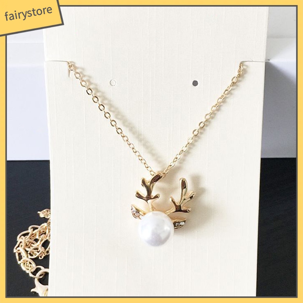 Bộ Dây Chuyền + Bông Tai Hình Sừng Hươu Đính Ngọc Trai Giả Cho Nữ